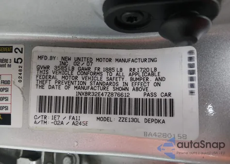2007 Toyota Corolla Ce from USA, damaged, VIN 1NXBR32E47Z876612